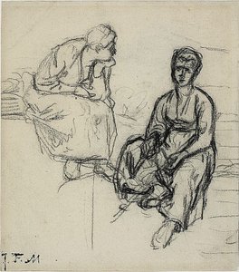 Dois Estudos de uma Camponesa Sentada (reto); Estudo de uma jovem usando um chapéu (verso) de Jean Francois Millet