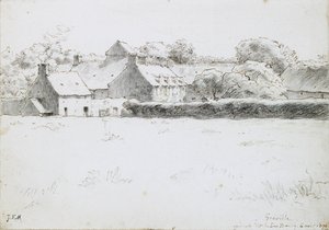 Vista dos edifícios agrícolas em um campo, 1871 (grafite com giz preto, caneta e tinta no papel) de Jean Francois Millet