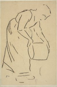 Frau, die einen Eimer leert