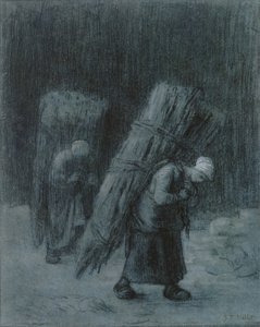 Mulher Transportadora de Galhos, c.1858 (carvão vegetal com guache branca, borda de carvão vegetal, em papel cinzento-azulado pesado) de Jean Francois Millet