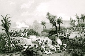 Revolta negra em Santo Domingo, 16 de setembro de 1802, da "História universal do século XIX", depois de Martinet de Jean Francois Pourvoyeur