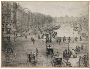 Paris, Place de Saint Michel com o Quai des Grands Augustins e Pont Saint Michel em primeiro plano e Pont Neuf e o Louvre em segundo plano, c.1900 de Jean Francois Raffaelli