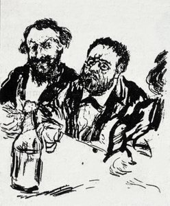 O pintor Edouard Manet (1832-1883) e o escritor Emile Zola (1840-1902) na mesa Caricatura de Jean Francois Raffaelli (1850-1924) de Jean Francois Raffaelli