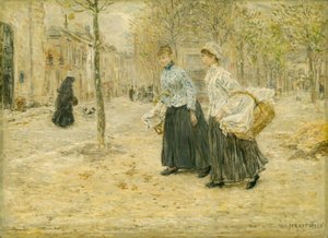 Duas lavadeiras a atravessar um pequeno parque em Paris