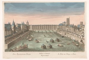 Vista da Pont au Change construída sobre o rio Sena em Paris 84º. Representante da Vue d