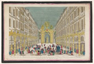 Vista da decoração da Rue de la Feronnerie em Paris, por ocasião da restauração de Luís XV, Rei de França, em 1745
Vue perspective des illuminations de la Ruë de la Feronnerie du côté de la Ruë St. Denis a Paris (...) (título em o