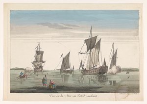 Seascape com navios e barcos ao pôr do sol Vue de la mer au soleil couchant (título no objeto) de Jean François Daumont