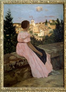Vestido rosa ou Vista de Castelnau le Lez (ou Castelnau-le-Lez, Herault). Retrato da sobrinha do artista, Therese des Hours. Pintura de Jean Frederic Bazille (1841-1870) 1864 Sol. 1,4x1,1 m. Óleo sobre tela. Paris, musee d