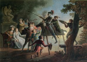 Dom Quixote e Sancho Pança em um cavalo de madeira