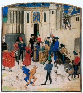 À porta da Porte St. Denis, o rei Carlos VI de França cumprimenta a sua rainha Isabel da Baviera ...