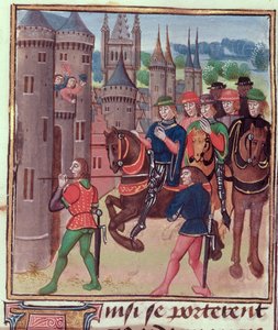 Roy 18 E II f.390 Henry Bolingbroke (Henry IV) entra em Londres, executado por Edward IV, do Vol IV (abrangendo o período de 1389-1400), por Jehan Froissart, c.1460-80