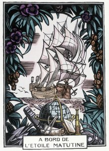 Navio no mar: Ilustração do início do século XX por Jean-Gabriel (Jean Gabriel) Daragnes (1886-1950) para o livro "A bord de l