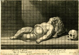 Jean Ganière - Criança a dormir com a cabeça apoiada numa almofada; crânio à direita. 1640 de Jean Ganière