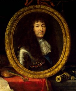 Retrato de Luís XIV Rei de França (1638-1715), Protector das Artes e das Ciências O retrato do rei é rodeado por instrumentos musicais (viola de gamba, violino) e instrumentos científicos (quadrado, globo celeste, compasso). Detalhe. Pintura por de Jean Garnier