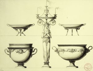Design para um candelabro em forma de mulher, duas xícaras de prata e dois pratos de prata