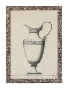 Design para um jarro com uma alça de máscara grega (chumbo preto, caneta e tinta preta, lavagem cinza e preta no papel)