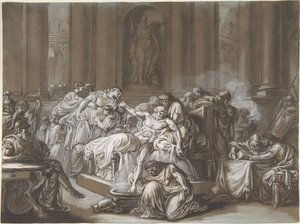 A Morte de Sêneca (caneta e tinta preta, pincel e tinta marrom, realçada com guache branco sobre papel azul)