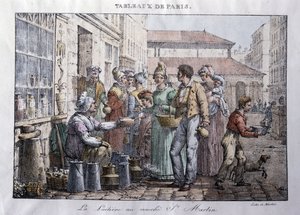 Ancien metier des rues de Paris: La laitiere du marche Saint Martin (Saint-Martin) - Gravura de Jean Henry Marlet (1771-1847) em "Les Tableaux de Paris", série de 72 gravuras, final do século XIX