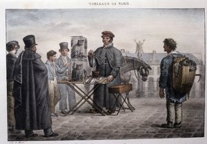 Antigo métier de rua em Paris: o mercador da morte do rato (camelot). Gravura de Jean Henry Marlet (1771-1847) em "Les Tableaux de Paris", série de 72 gravuras, finais do século XIX.
