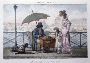 Velha cena de rua em Paris: o mendigo cego na ponte das artes. Gravura de Jean Henry Marlet (1771-1847) em "Les Tableaux de Paris", série de 72 gravuras, finais do século XIX.