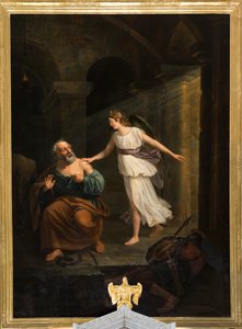 Igreja paroquial (Nederbrakel, Igreja Paroquial Sint-Pieter-in-de-Banden). Interior. quadro. "São Pedro entregue pelo anjo e Tomé". Jean-Henri DeCoene. cerca de 1835. de Jean Henri de Coene