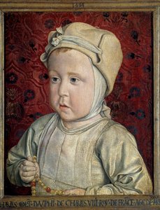 Retrato do golfinho Charles Orlant (1492-1495) filho de Charles VIII (1470-1498) e Anne of Brittany Painting de Jean Hey (1450-1505) chamado o mestre de Moulins 1494. Sol. 0,28x0,23 m Paris. Musee du Louvre - Retrato do Dauphin Charles Orlant (14