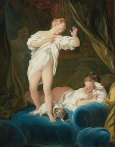Duas raparigas numa cama a brincar com os seus cães de Jean Honore Fragonard