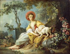 Uma jovem sentada com um cachorro e um regador em um jardim, de Jean Honore Fragonard