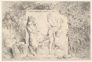 Um baixo-relevo representando um sátiro à esquerda segurando dois bebês, outra criança sátiro à direita ..., 1763. de Jean Honore Fragonard