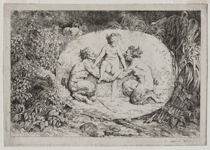 Bacchanales: Ninfa apoiada por dois sátiros de Jean Honore Fragonard