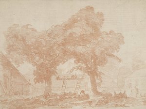 Estaleiro com duas árvores, entre as quais estão escadas de Jean Honore Fragonard