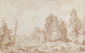 Paisagem com uma ponte, c.1760 (giz vermelho sobre papel branco) de Jean Honore Fragonard