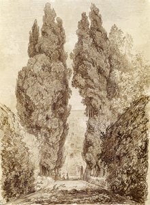 Grandes ciprestes na Villa d&39;Este (giz vermelho sobre papel) de Jean Honore Fragonard