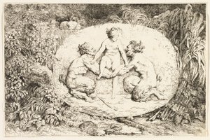 Ninfa sentada nas mãos de dois sátiros de Bacchanales, ou Jogos dos Sátiros de Jean Honore Fragonard