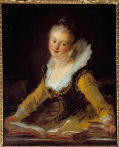 Estudar. Uma mulher tem o seu escritório a folhear livros para aprender. Pintura de Jean Honore Fragonard (1732-1806) de Jean Honore Fragonard