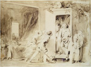 O amante surpreso, 1755 (lápis marrom sobre giz desenho preliminar) de Jean Honore Fragonard