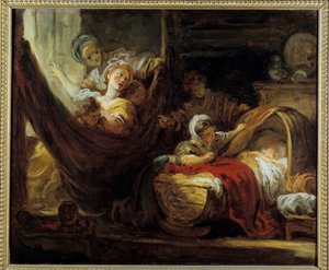 O berço Uma mãe numa rede rodeada pelas suas filhas e uma criança numa cesta. Pintura de Jean Honore Fragonard (1732-1806) Amiens do século XVIII, Musee de Picardie de Jean Honore Fragonard