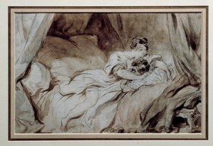 O momento feliz Um casal a acariciar um ao outro numa cama. Desenho no Bistre Wash de Jean Honore Fragonard (1732-1806) Coleção Privada do século XVIII de Jean Honore Fragonard