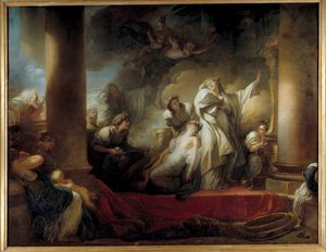 O sumo sacerdote Coresus sacrificou-se para salvar Callirhoe Coresus, o sumo sacerdote do deus Baco a Calydon, apaixonado pela jovem Callirhoe, arrependeu-se dela e pediu vingança ao deus Baco. Ele lançou um feitiço sobre a cidade que pode onl de Jean Honore Fragonard