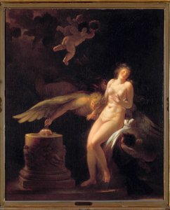 O sacrifício da rosa Uma jovem nua diante de um altar de sacrifício no qual é colocada uma rosa (sua virgindade?) e uma criatura ailee. Pintura de Jean Honore Fragonard (1732-1806). Colecção privada do século XVIII de Jean Honore Fragonard