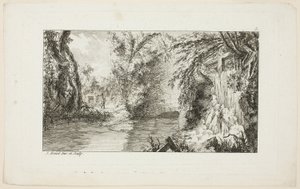 Paisagem com um caminhante e uma cascata, placa 5 da segunda suite Livre de paysages (Livro das paisagens) de Jean Hoüel