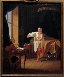O escritor e filósofo Voltaire (1694-1778) tem a sua ascensão ditando ao seu secretário Collini a Ferney Painting de Jean Huber (1721-1786) Sol do século XVIII. 0,37 x 0,31 m Paris Musee Carnavalet