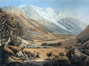 Vista do vale de Chamonix, a partir da aldeia de Argentiere, por Jean Daniel Huber durante uma viagem c. 1785 (gravura) de Jean Huber