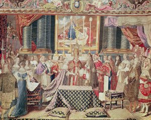 O casamento do rei (Luís XIV), de "A história do rei" de um desenho animado de Lebrun, tapeçaria dos Gobelins, tecida num tear de alta distorção (lã, seda e ouro) de Jean II Jans