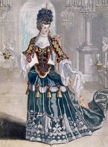 Retrato de Mademoiselle Desmatins (1682-1708), músico da Ópera, gravura de Jean Berain