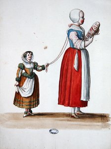 Duas jovens, traje teatral para as celebrações e festas de Luís XIV (aguarela sobre papel)