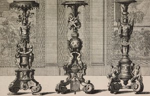Grandes castiçais de bronze, gravados por Jean Berain (1640-1711) de L