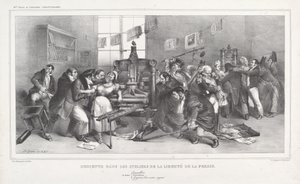 Descente dans les Ateliers de la Liberté de la presse de Jean Ignace Isidore Grandville, and Auguste Desperet