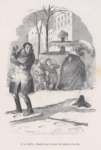 Ele levanta-se, coberto da cabeça aos pés pela neve. das Pequenas Misérias da Vida Humana, 1843. de Jean Ignace Isidore Gérard