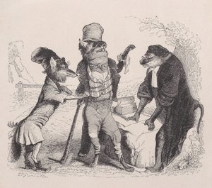 O Lobo implorando contra a Raposa, na frente do Macaco, c. 1838. de Jean Ignace Isidore Gérard